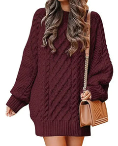 Women's Round Neck Long Sleeve Knitted Mid-length Sweater