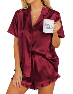 Ekouaer Womens Satin Pajamas Set Button Down 2 Piece Silk Pjs Shorts Set Ruffle Lingerie Notch Collar Sleepwear Wind Red Medium