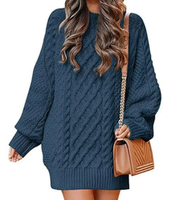 Women's Round Neck Long Sleeve Knitted Mid-length Sweater