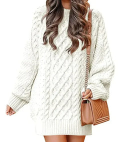 Women's Round Neck Long Sleeve Knitted Mid-length Sweater