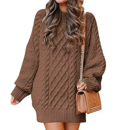 Women's Round Neck Long Sleeve Knitted Mid-length Sweater