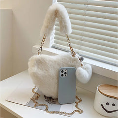 Faux Fur Heart-shaped Women Small Handbags Fluffy Plush Ladies Chain Shoulder Bag Fashion Female Furry Daily Clutch Purse