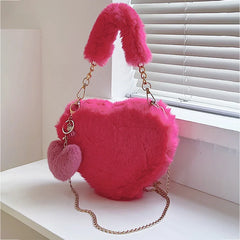 Faux Fur Heart-shaped Women Small Handbags Fluffy Plush Ladies Chain Shoulder Bag Fashion Female Furry Daily Clutch Purse