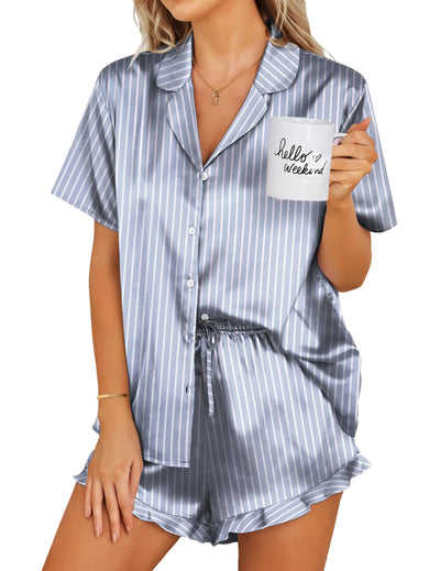 Ekouaer Womens Satin Pajamas Set Button Down 2 Piece Silk Pjs Shorts Set Ruffle Lingerie Notch Collar Sleepwear S-XXL XX-Large Striped Grey Blue