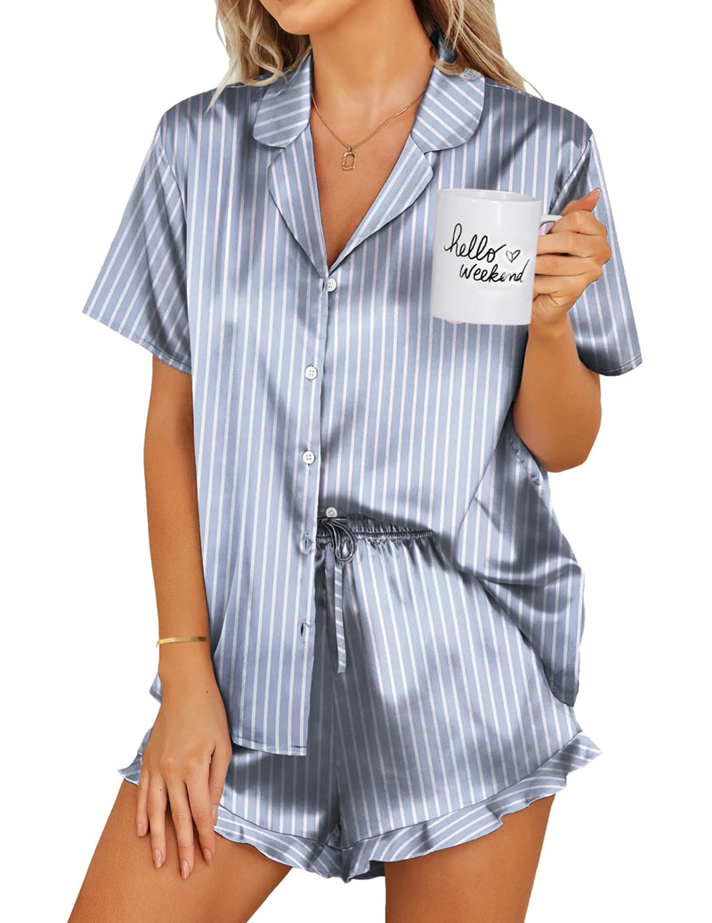 Ekouaer Womens Satin Pajamas Set Button Down 2 Piece Silk Pjs Shorts Set Ruffle Lingerie Notch Collar Sleepwear S-XXL XX-Large Striped Grey Blue